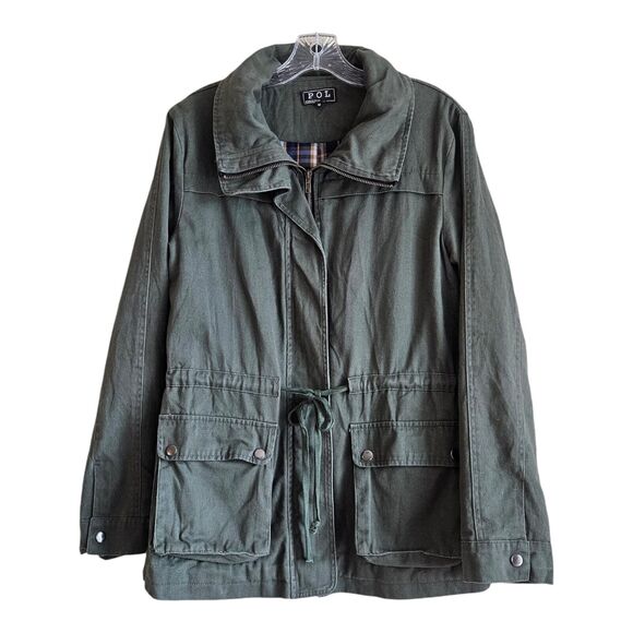 POL Women's M Jacket Chore Coat Olive Full Zip Drawstring Waist Cotton Lined 38" - Picture 1 of 9